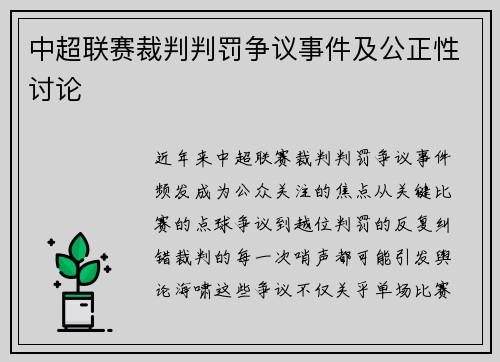 中超联赛裁判判罚争议事件及公正性讨论