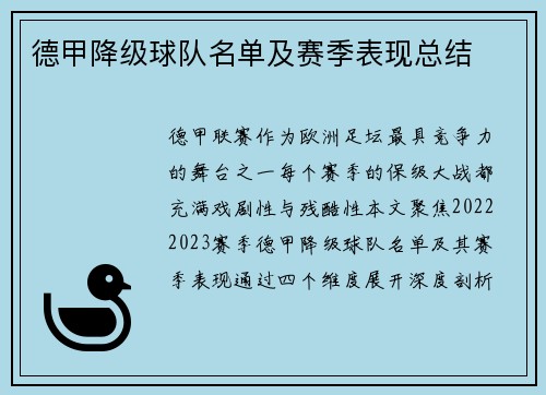 德甲降级球队名单及赛季表现总结