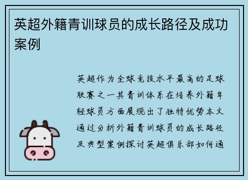 英超外籍青训球员的成长路径及成功案例