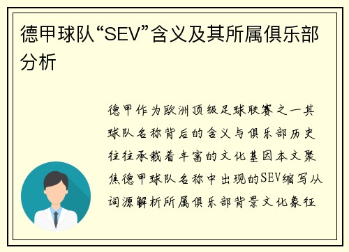 德甲球队“SEV”含义及其所属俱乐部分析
